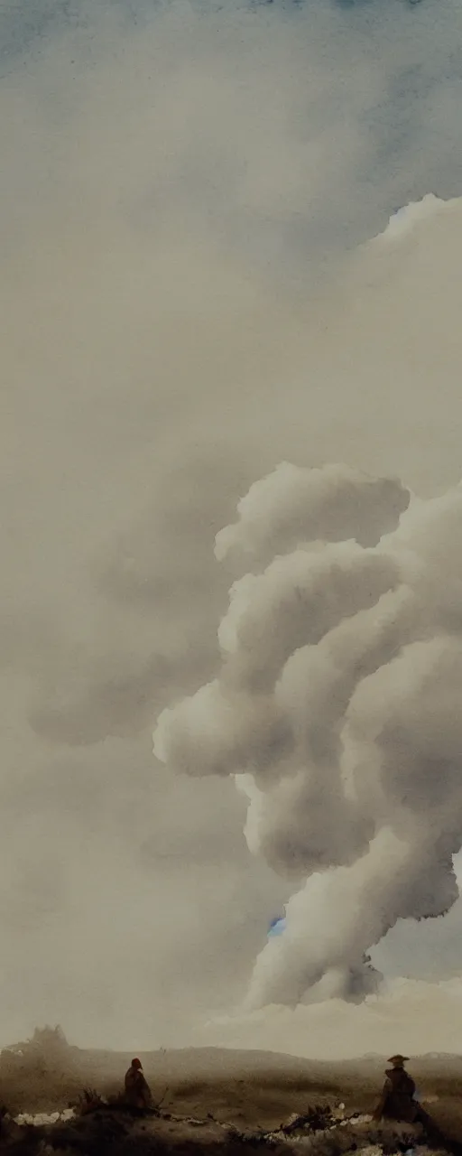 Image similar to a beautiful watercolor painting of a white landscape in the style of paul sandby and antonio guidotti, an angel standing still, ten indistinct human figures standing still, ash falling from the sky, in the horizon a gigantic mushroom cloud, 8 k, trending on artstation, pastel color scheme