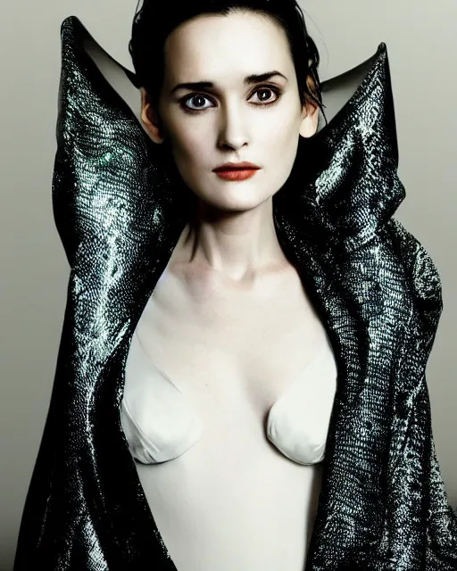 Image similar to beautiful young winona ryder wearing a futuristic metal kimono, half body portrait, greg kutkowski, sharp details, soft lighting, subsurface scattering, pearls of sweat, glistening skin, warm lighting