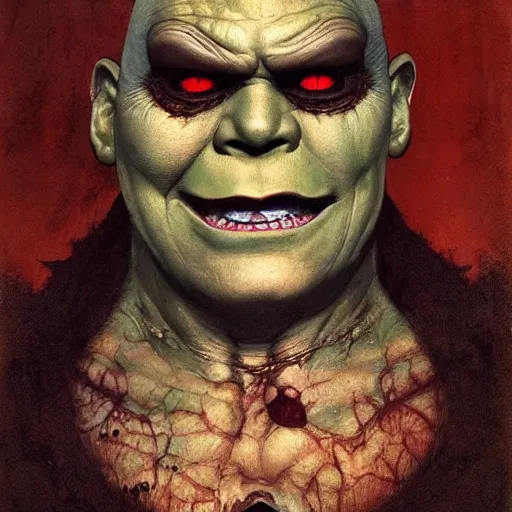 Image similar to horror monster makeup grinning one-eyed grimpunk vile reprobate portrait portrait Cyclops Cyclops Polyphemus shrek with tombow norman rockwell greg rutkowski frank frazetta alexandre briclot Dave Dorman splatterpaint