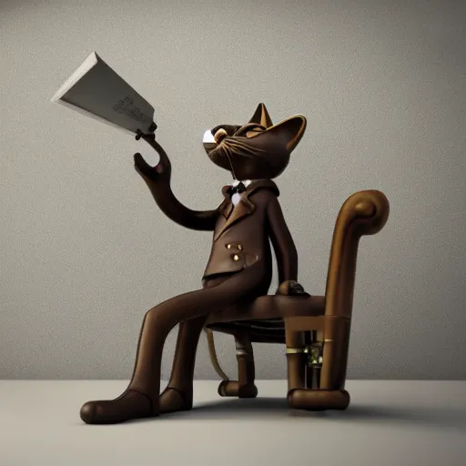 Image similar to a 3 d render of steampunk cat sits in a chair in front of a fireplace in a book lined room and smokes a pipe, high realistic, high detailed, octane render