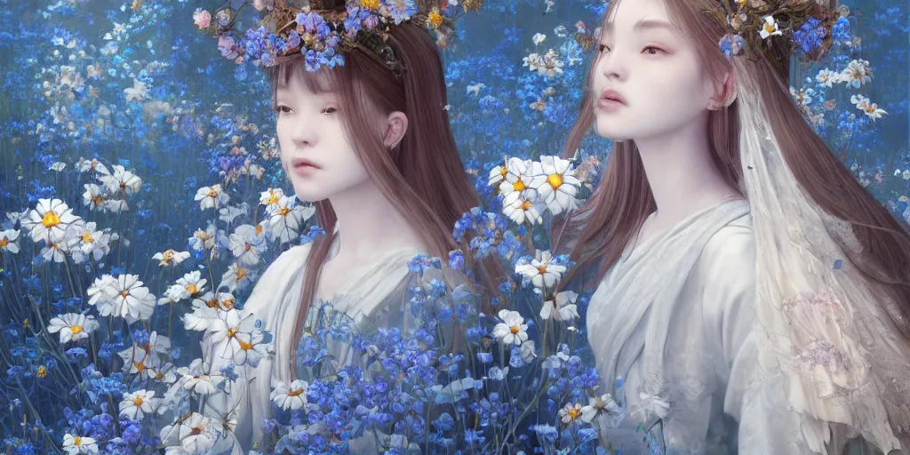 Image similar to breathtaking detailed concept art painting of the goddess of nemophila flowers, orthodox saint, with anxious, piercing eyes, ornate background, amalgamation of leaves and flowers, by Hsiao-Ron Cheng, James jean, Miho Hirano, Hayao Miyazaki, extremely moody lighting, 8K