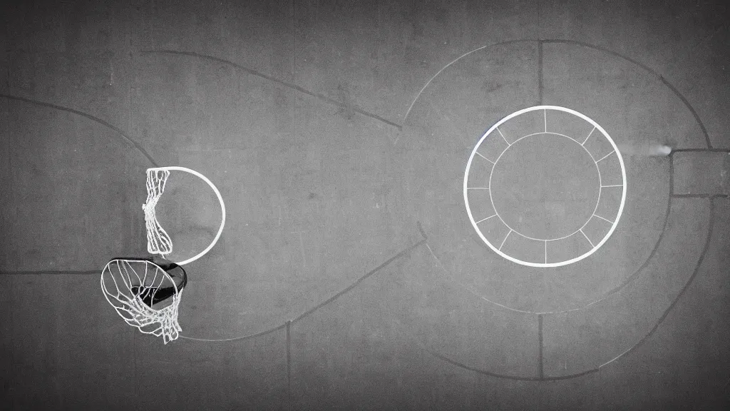 Prompt: a photograph of a basketball rebound from above the rim, in the style of ansel adams