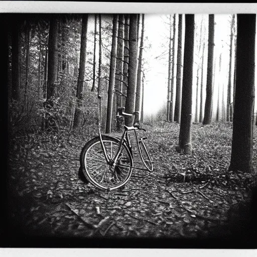 Prompt: Bicycle in the woods, old polaroid photography, grainy film, black and white