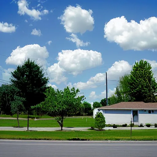 Image similar to liminal space suburban neighborhood, with blue sky, and clouds, very bright day, 2 0 1 0's photograph