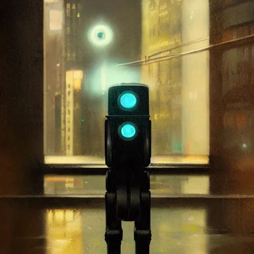 Prompt: detailed portrait of an elegant graceful yet lonely robot, electronic billboards, tech noir, wet reflections, atmospheric, ambient, livia prima, greg rutkowski, edward hopper, pj crook