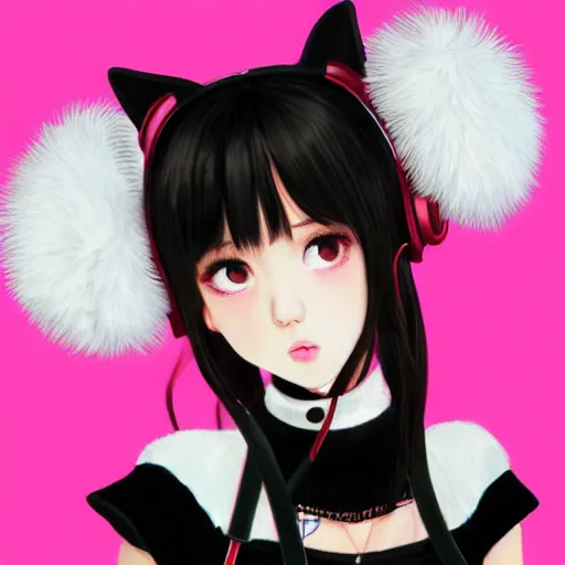 Image similar to realistic beautiful gorgeous buxom natural cute Blackpink Lalisa Manoban black hair cute fur black cat ears, wearing white camisole, headphones, black leather choker artwork drawn full HD 4K highest quality in artstyle by professional artists WLOP, Taejune Kim, Guweiz on Pixiv Artstation