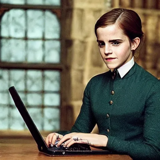 Image similar to Photo of Emma Watson using a computer in Hogwarts