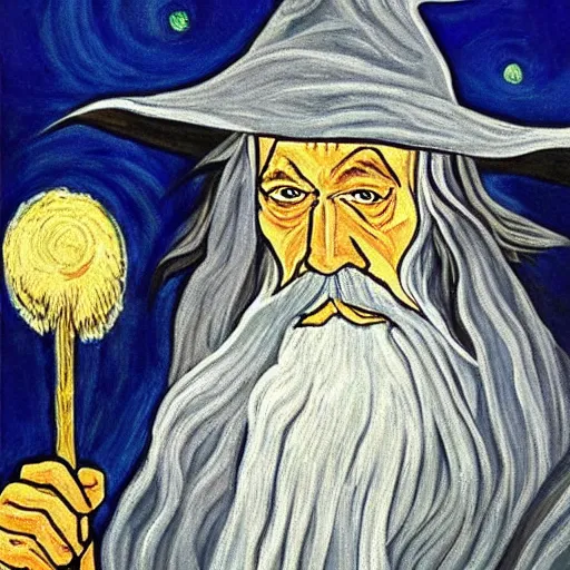 Image similar to A painting of Gandalf the Grey, painting, van gogh art style