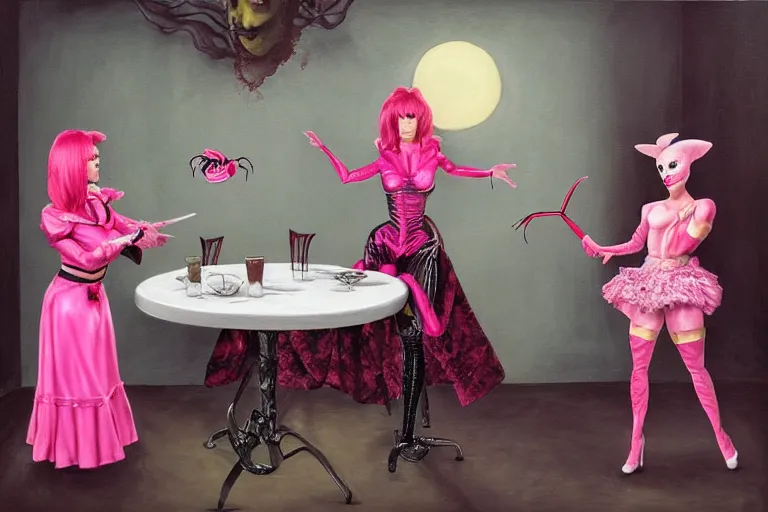 Prompt: Angelyne fights Scorpion from Mortal Kombat in the tea room, painted by mark ryden