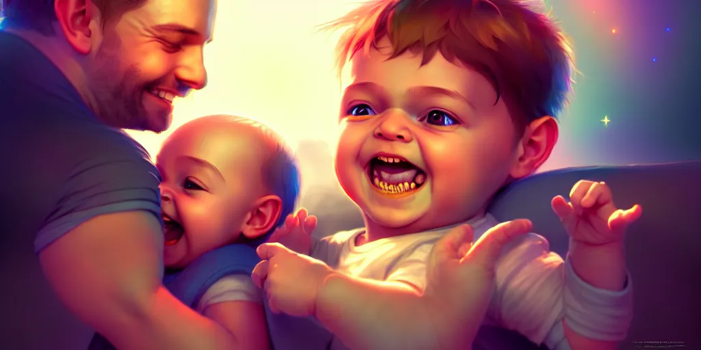 Image similar to epic professional digital art of a happy baby boy with his two fathers, best on artstation, cgsociety, wlop, cosmic, epic, stunning, gorgeous, much detail, much wow, masterpiece, backlight