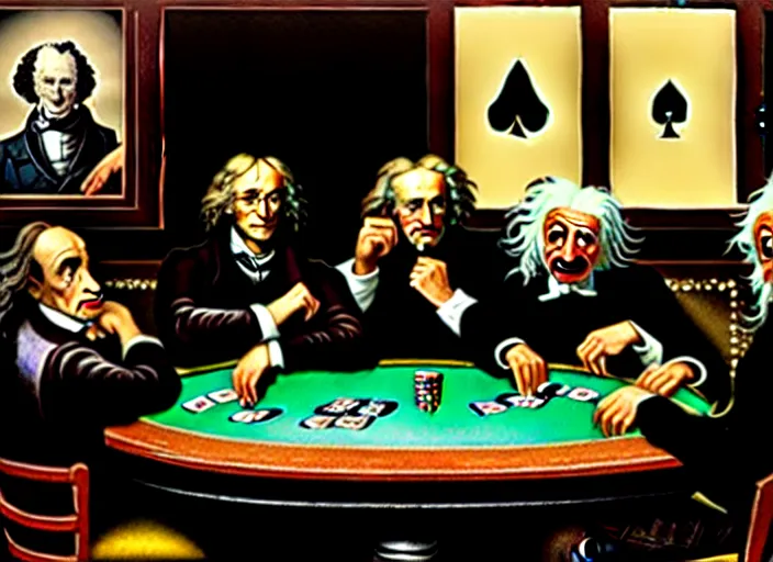 Image similar to isaac newton and stephen hawkins and albert einstein playing poker in an old west saloon, intricate, highly detailed, centered, digital painting, artstation, concept art, smooth, sharp focus, illustration, art by james gurney and norman rockwell and greg rutkowski