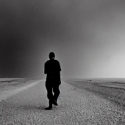 Prompt: a lonely man walking into a desert storm