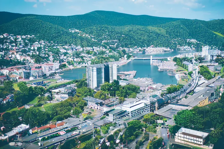 Prompt: bird's eye view photography of a small city. town hall, central farm, monorail station, beach and harbor. hills, woods and lake to the north.