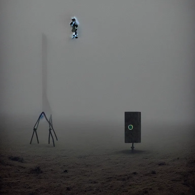 Prompt: the tall thin liminal observer droid by dennis mejillones, in a brutalist yet rural landscape by simon stalenhag, 3 5 mm film photography, dawn, eerie fog