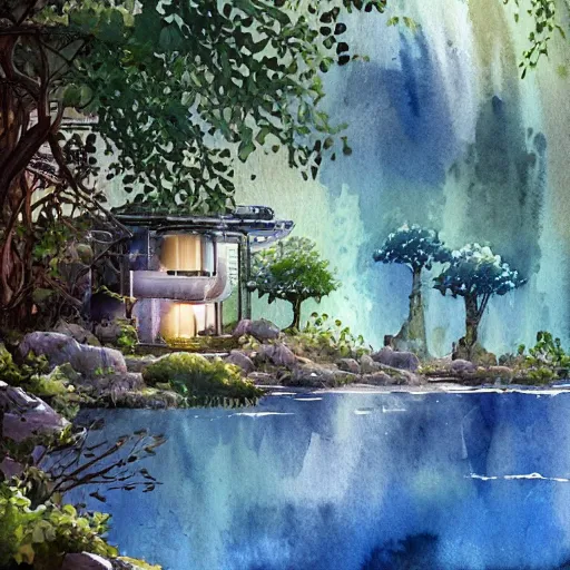 Image similar to beautiful happy picturesque charming sci - fi modular organic pod - like homes of the future in a beautiful natural scene. water, trees and rocks. beautiful light. soft colour scheme. beautiful artistic detailed watercolor by lurid. ( 2 0 2 2 )