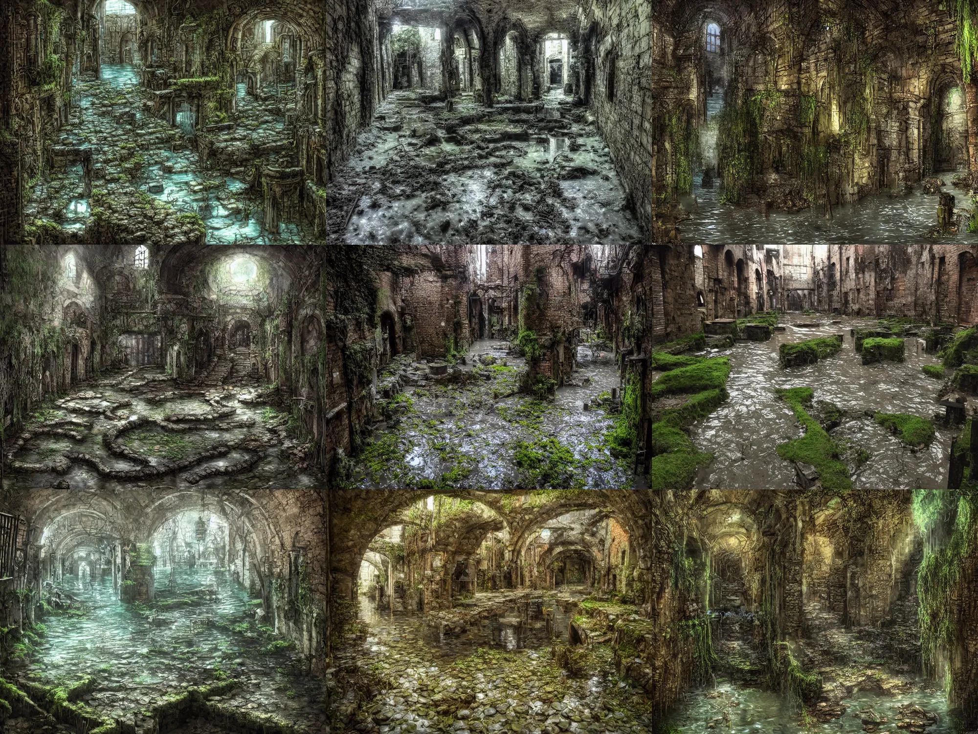 Prompt: inside the ancient flooded sewers in the old part of the city. fantasy art, dripping water, standing water, channel, flooded, musty, moss, vines, ruins, abandoned spaces, pinpricks of light, dungeons and dragons.