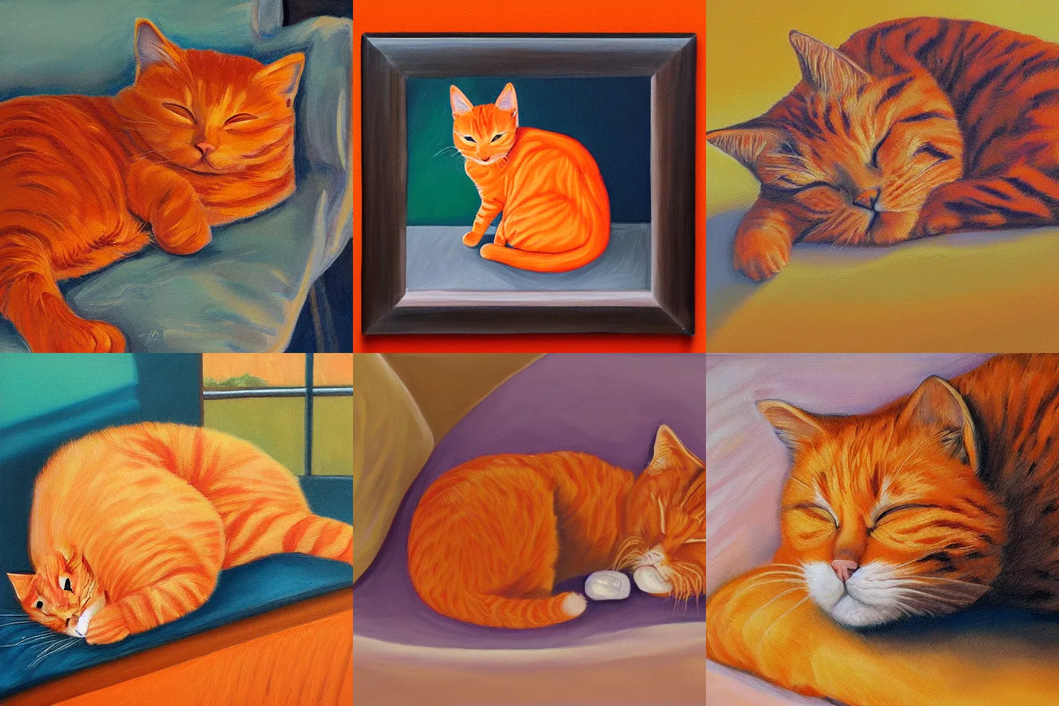 Prompt: painting of an orange cat sleeping, golden hour