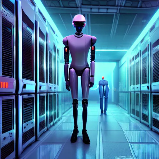 Image similar to hyperrealism stock photo of highly detailed stylish humanoid robot in sci - fi cyberpunk style by gragory crewdson and vincent di fate with many details by josan gonzalez working in the highly detailed data center by mike winkelmann and laurie greasley hyperrealism photo on dsmc 3 system rendered in blender and octane render