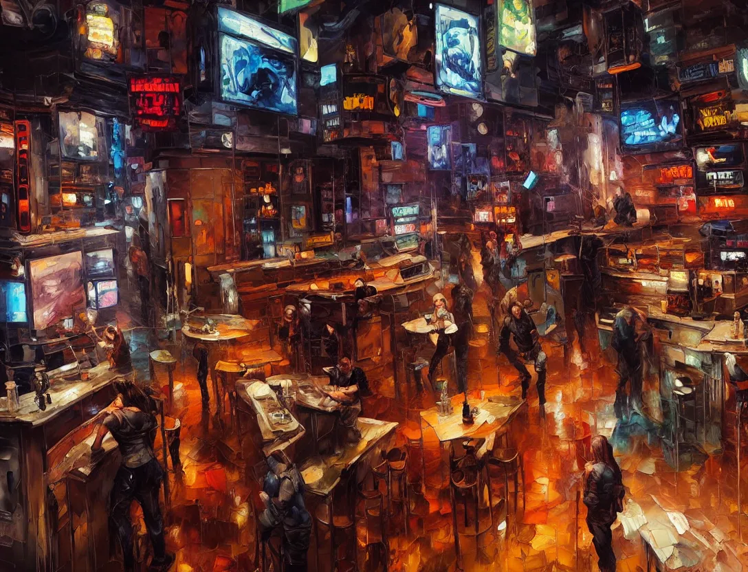 Prompt: highly detailed expressionist oil painting of cyberpunk bar, detailed faces, expressive, impasto, pastel shades, rough canvas textured, dynamic pose, top lighting, loose brush strokes, perfect face, hyper detailed face, digital painting, artstation, concept art, hyper detailed eyes, art by sam spratt and peter mohrbacher and james jean