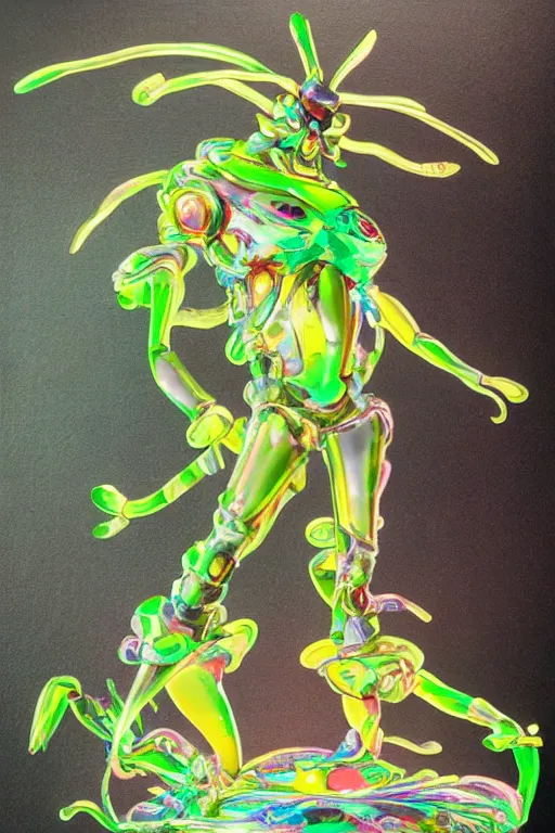 Image similar to a fat jelly super detailed anime character with fluo color detail, and muted arm colors, that looks like a insect, on top of a painting of plastic synthetic ionized metal flower sculptures