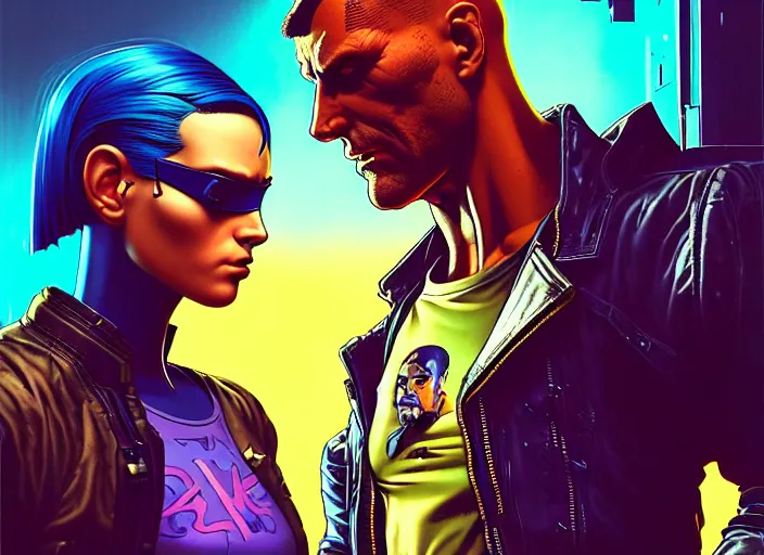 Image similar to cyberpunk tough guys. portrait by stonehouse and mœbius and will eisner and gil elvgren and pixar. character design. realistic proportions. cyberpunk 2 0 7 7 character art, blade runner 2 0 4 9 concept art. cel shading. attractive face. thick lines. the team. diverse characters. artstationhq.