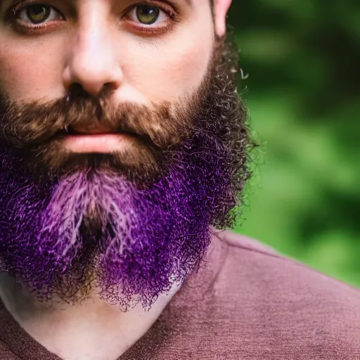 Prompt: a portrait of a queer man with short stylish purple hair and a brown trimmed beard, 4k, photorealistic, shallow depth of field