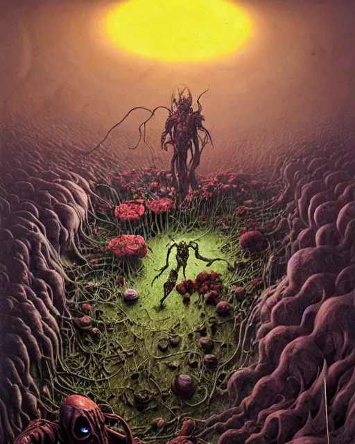 Prompt: the platonic ideal of flowers, rotting, insects and praying of cletus kasady carnage thanos dementor wild hunt chtulu mandelbulb fritz the cat doctor manhattan bioshock xenomorph akira, ego death, decay, dmt, psilocybin, concept art by randy vargas and zdzisław beksinski