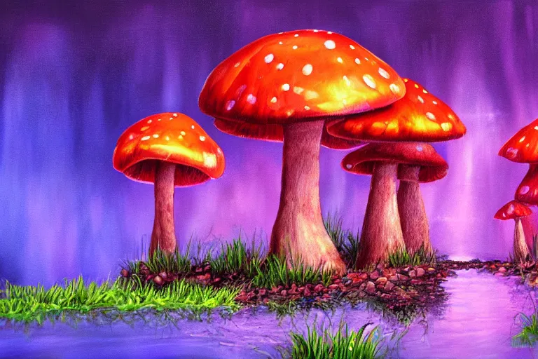 Image similar to a painting of giant mushrooms with next to a small bridge, flowing water, digital art, zangarmarsh, scenic, reds, purples, pink, reflections, blue lighting, glow's in side the mushrooms, complex background, chill,