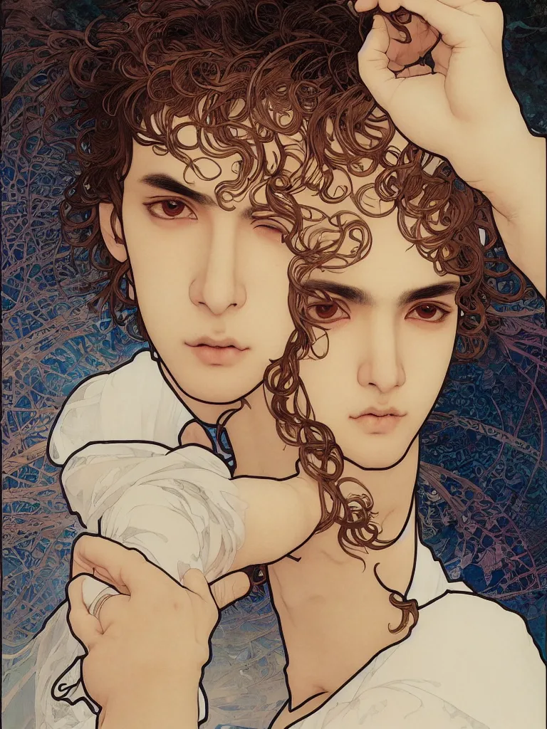 Image similar to beautiful medium shot portrait of a young arabic man inspired by ayami kojima with short hair dressed with a white t - shirt looking into the camera from three - quarters, white background white bank studio light, art by yoshitaka amano, alfons mucha and shingo tamagawa, 8 k