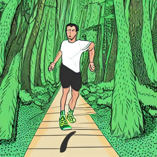 Image similar to a guy in acid-green athletic sneakers runs through a forest with tall trees, art by Tomine,