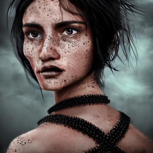 Prompt: pretty black haired woman, with freckles on face, suntanned skin, dark brown middle eastern eyes narrowed, scar on left side of neck, wearing black armor, digital art, hyperdetailed, hyperrealistic, 4 k, 8 k