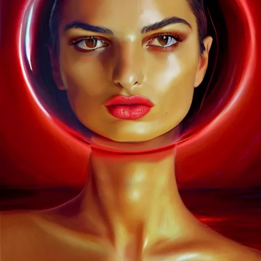 Image similar to Emily Ratajkowski with beautiful face and full body laying in a blood red pool of water between a bright golden glowing mirror frame, outside is space and inside the mirror frame is a beautiful landscape. Hyperrealistic surreal 4K IMAX Rene Margritte intricate, elegant, highly detailed, digital painting, artstation, concept art, smooth, sharp focus, illustration, art by artgerm and greg rutkowski and alphonse mucha