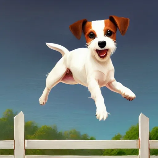 Prompt: adorable jack russel terrier jumping over a white picket fence, fantasy art, artstation character design contest winner, trending on cgsociety, concept art, speedpaint, beautiful digital art, jesper ejsing, james jean, justin gerard, fenghua zhong, makoto shinkai, highly detailed