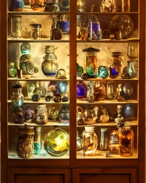 Image similar to a large wood display cabinet filled with lots of different items in magical glowing jars in different colors, a still life by seb mckinnon, artstation, neoplasticism, lovecraftian, artstation hq, award winning photography 4 k 8 k 1 6 k