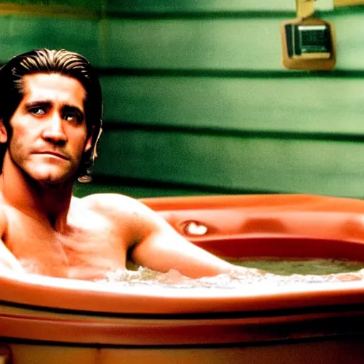 Image similar to movie poster cinestill of Jake Gyllenhaal as patrick Swayze sitting in a hot tub in the movie Road House