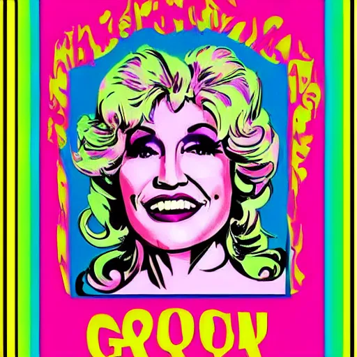 Prompt: 70s graphic design poster with a Dolly Parton’s face, flower child, groovy, retro, hippie, pink tones