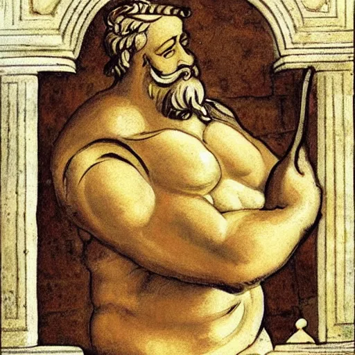 Prompt: Hercules gaining weight after retirement, Greek vase art