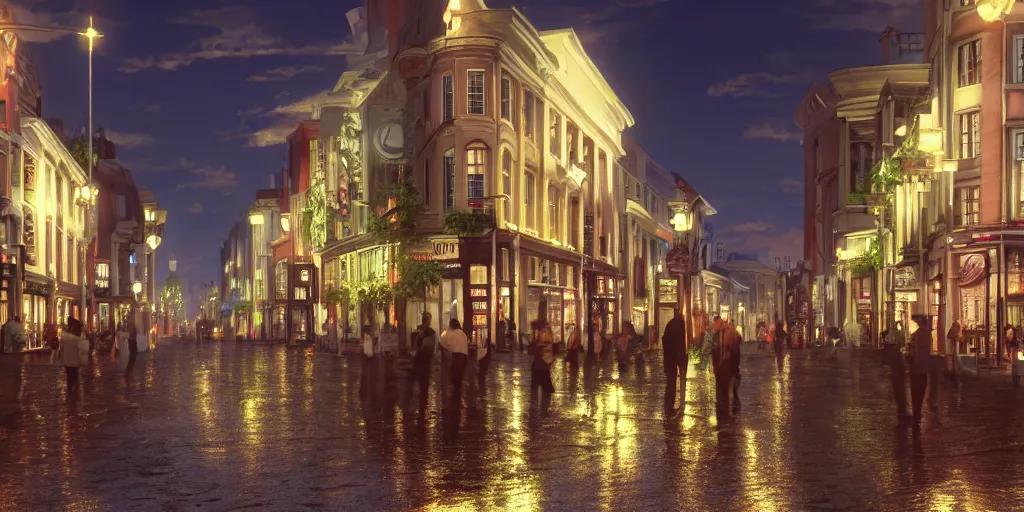 Prompt: Photorealistic Grafton Street on a quiet Charlottetown night. Hyperdetailed photorealism, UHD, amazing depth, glowing rich colors, golden ration, 3d shading, cinematic lighting, artstation concept art