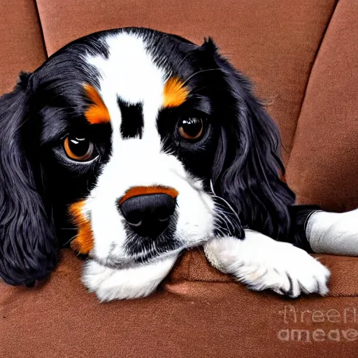 Prompt: digital art, black cavalier king charles sitting with a all brown short haired dashhound