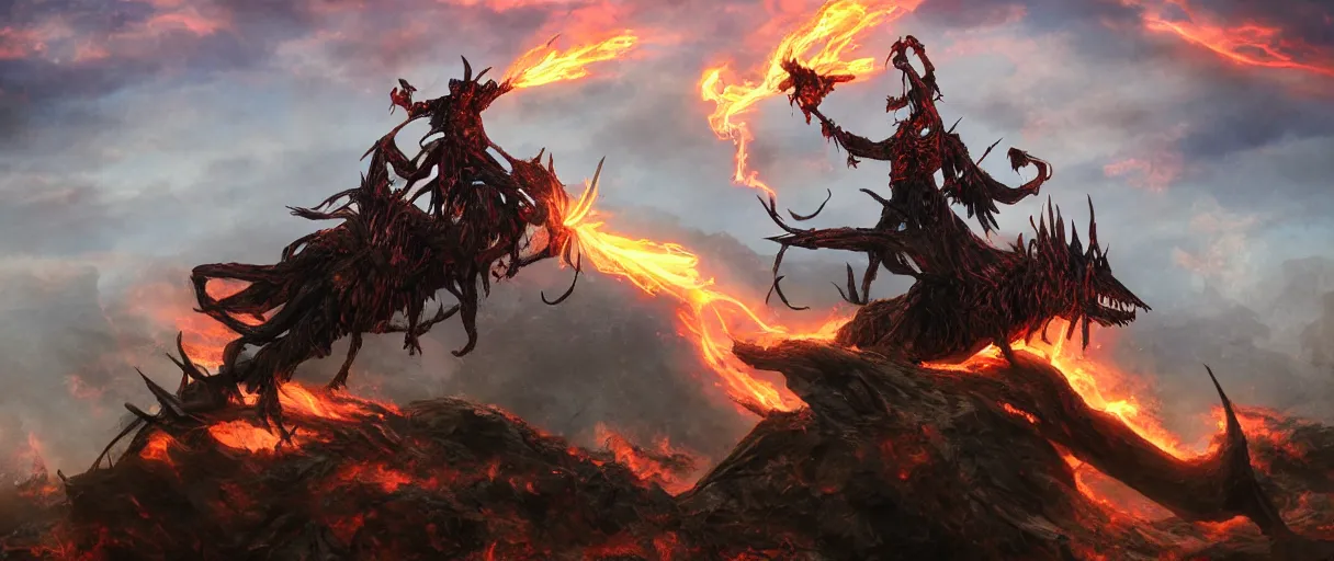 Prompt: a undead fire mage lord riding ontop a spiky insect lord dramatic lighting cinematic establishing shot extremely high detail foto realistic cinematic lighting post processed