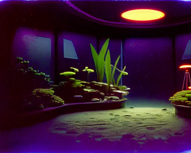 Image similar to interior shot of a space port at night, aquatic plants, shabby chic, cinematography by Jim Jarmusch, composition by Hale Woodruff,in the style of Addy Campbell, set design by Ed Wood, 35mm, graflex, color film photography