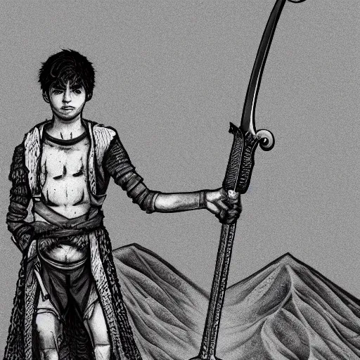 Image similar to a detailed illustration of a boy in the desert holding a sword, fantasy art illustration, incredibly highly detailed and realistic, 8 k, sharp focus