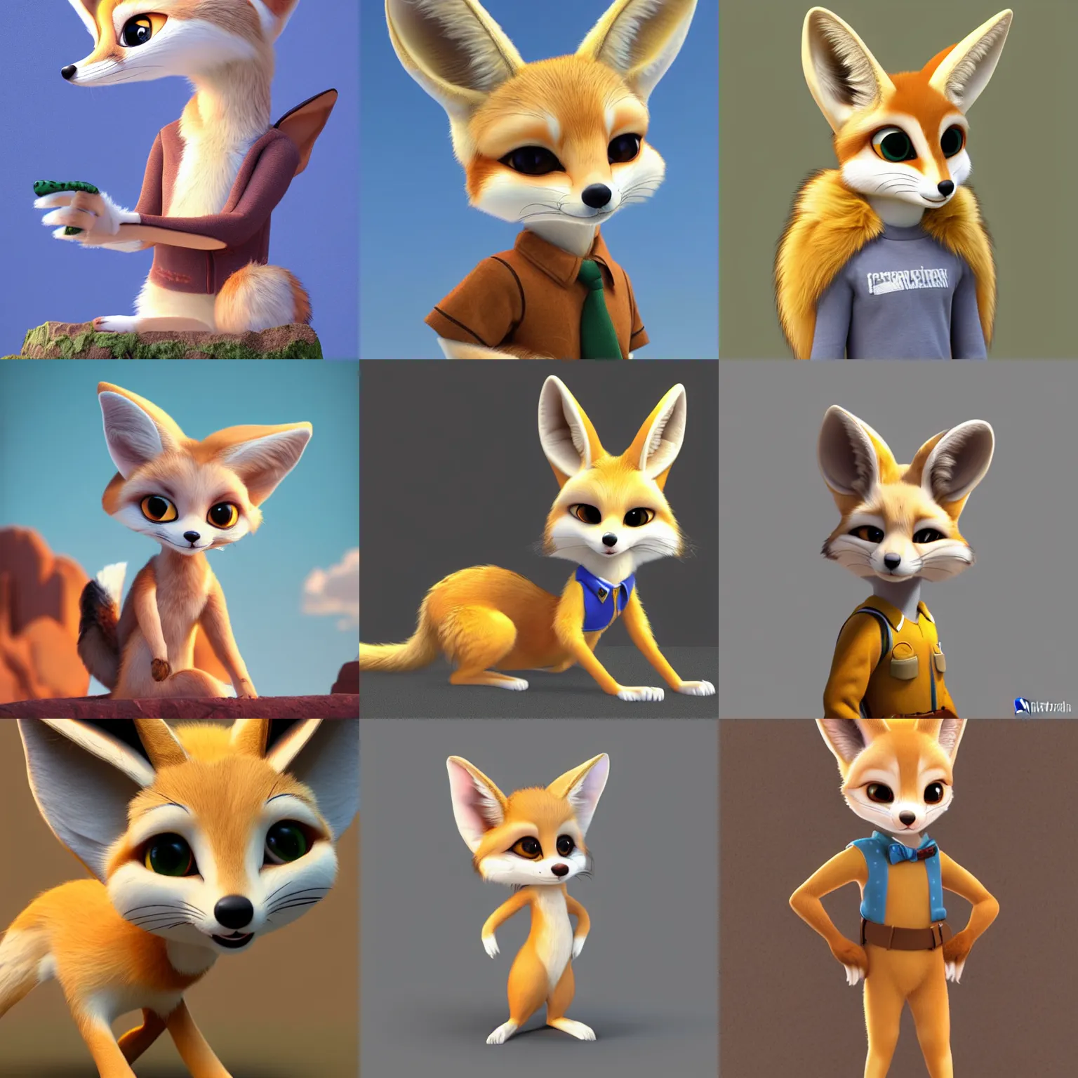 Prompt: high quality character portrait of a fennec fox character wearing a cute costume, disney style, zootopia, highly detailed render, fur