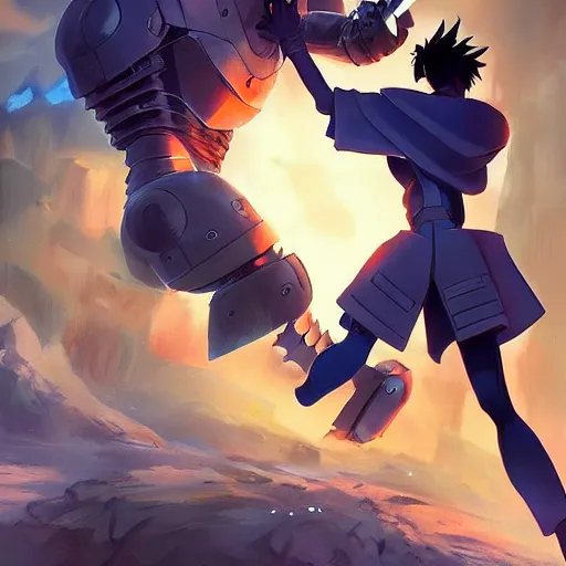 Image similar to epic battle between the iron giant and sasuke, digital art, fine details by stanley artgerm lau, wlop, rossdraws, james jean and sakimichan, trending on artstation