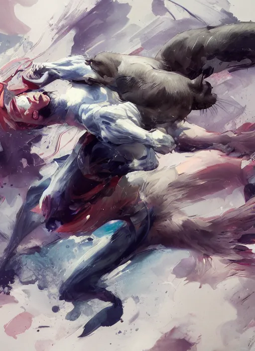 Image similar to semi reallistic gouache gesture painting, by yoshitaka amano, by ruan jia, by Conrad roset, by dofus online artists, detailed anime 3d render of cats fighting,cats, felines, meow, cats, portrait, cgsociety, artstation, rococo mechanical, Digital reality, sf5 ink style, dieselpunk atmosphere, gesture drawn