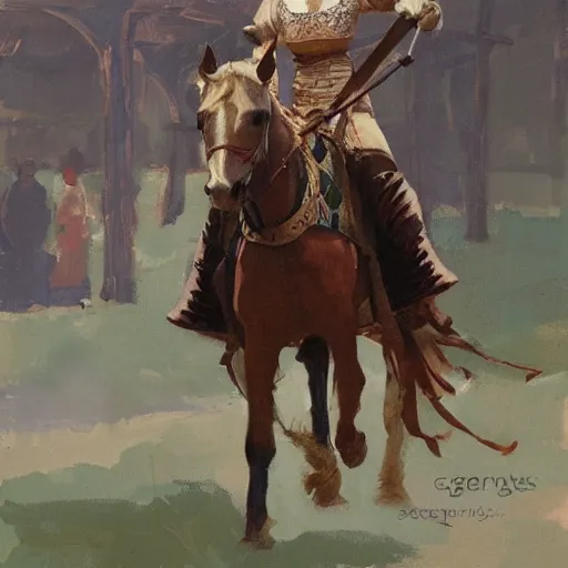 Image similar to portrait of woman wearing medieval clothing on horseback galloping, detailed by greg manchess, craig mullins, bernie fuchs, walter everett