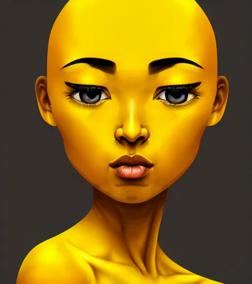 Image similar to portrait of a yellow emoji, poised, intense emotion, detailed facial expression, detailed surroundings, minimalistic, intricate, elegant, highly detailed, centered, digital painting, artstation, concept art, smooth, sharp focus