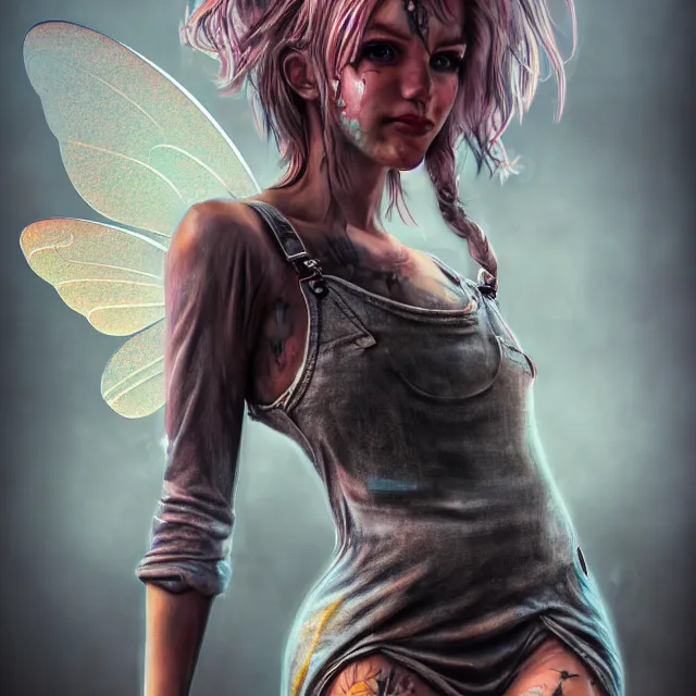 Image similar to full body pose, beautiful adult anarchy fairy, dirty, grungy, grunge, overalls, highly detailed, 4 k, hdr, smooth, sharp focus, high resolution, award - winning photo, artgerm, photorealistic