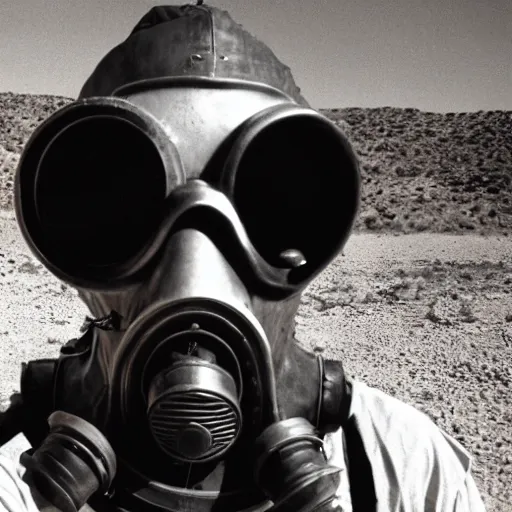 Prompt: pirate wearing a gasmask, in the desert, film still, 8 k