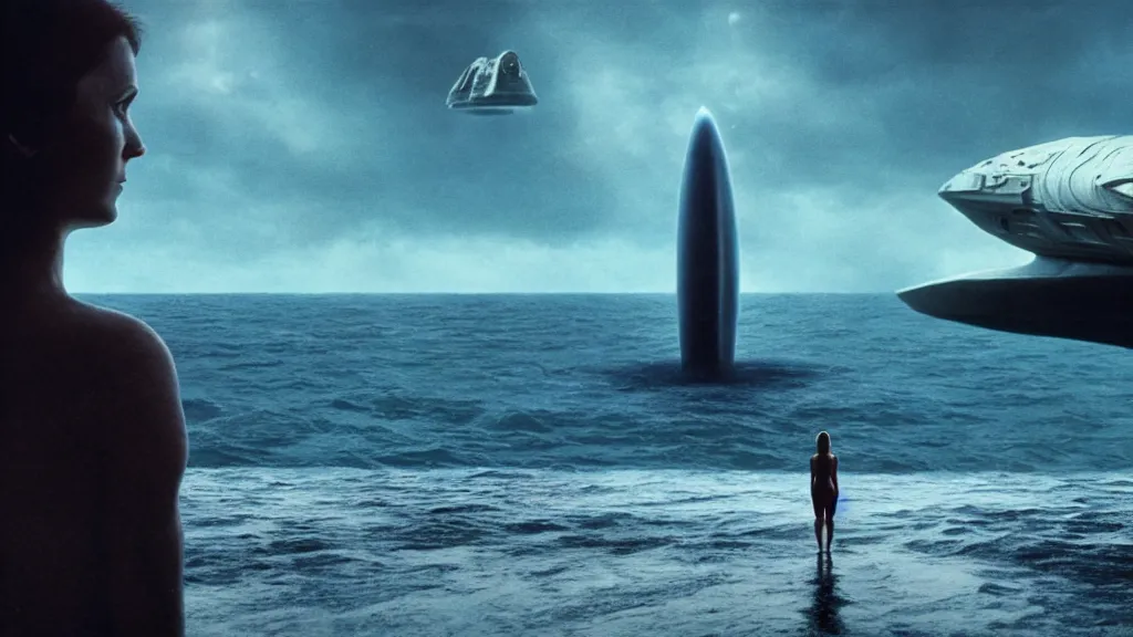 Image similar to photo of Polly Gray coming out of the ocean, extreme detailed face, spaceship far on the background, film still from the movie directed by Denis Villeneuve with art direction by Zdzisław Beksiński, wide lens
